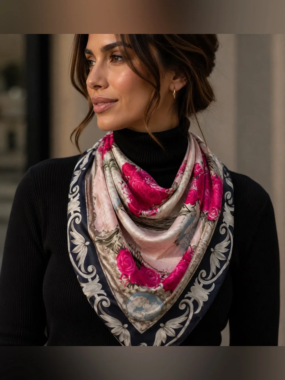 Floral Rose Print Square Scarf in Pink and Navy